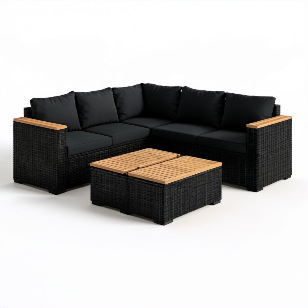4-osobowy narożny zestaw mebli ogrodowych z technorattanu, czarny/naturalny, sofa 210 x 210 cm ze stolikiem drewnianym 100 x 60 cm