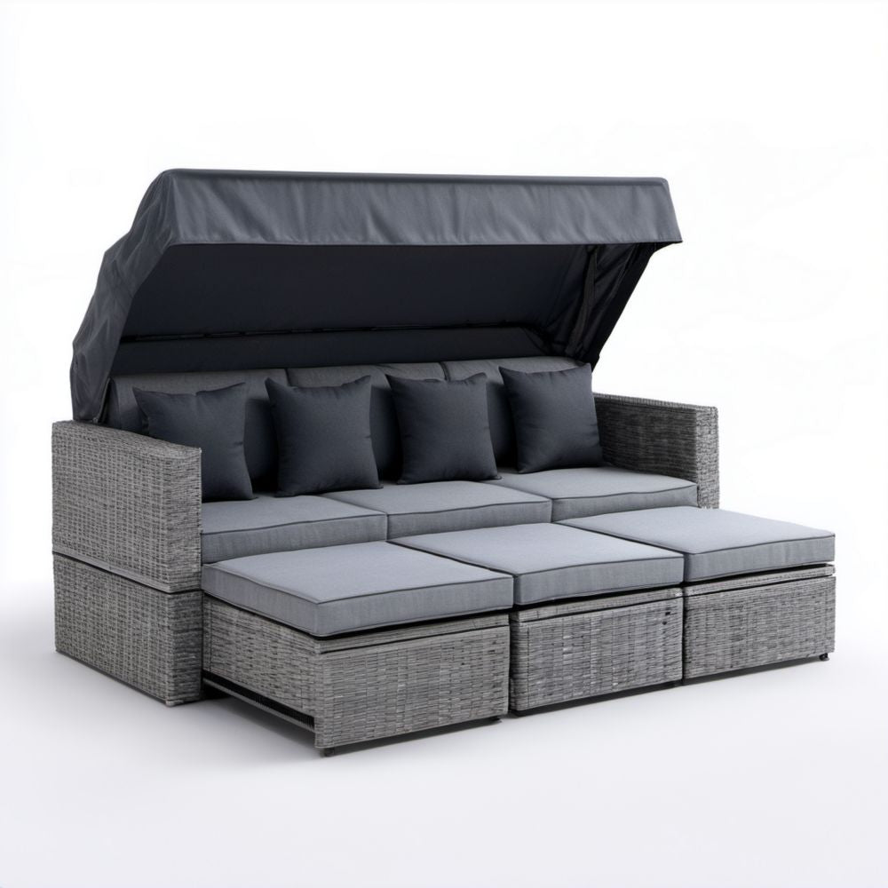 Modułowa leżanka ogrodowa z daszkiem z szarego technorattanu PE 220 x 160 x 170 cm
