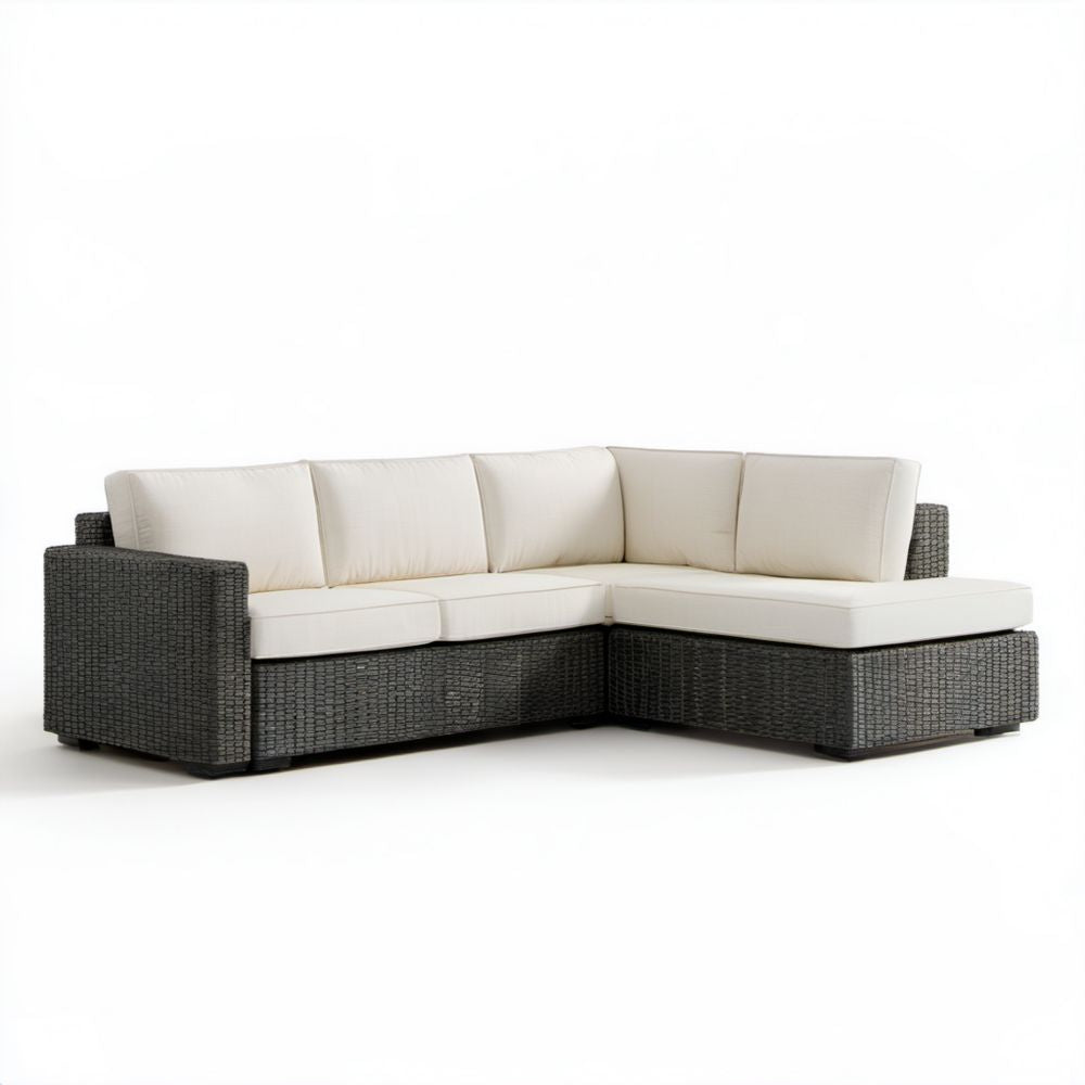 Narożna sofa ogrodowa z technorattanu grafitowa z kremowymi poduszkami, 240 x 180 x 85 cm