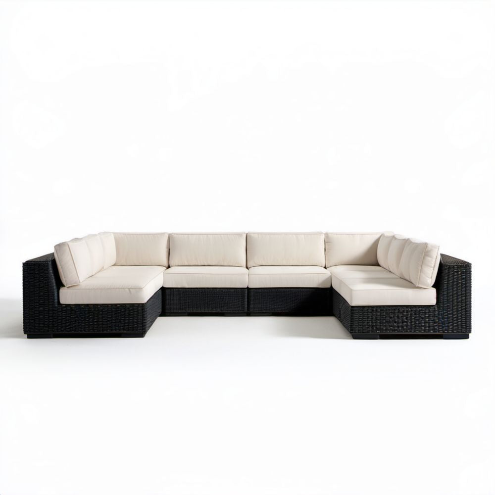 Modułowa narożna sofa ogrodowa z technorattanu, czarna z kremowymi poduszkami, 320 × 210 × 70 cm