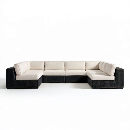 Modułowa narożna sofa ogrodowa z technorattanu, czarna z kremowymi poduszkami, 320 × 210 × 70 cm