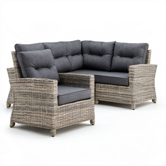 Ogrodowy zestaw mebli z technorattanu – sofa 2-osobowa 145 x 80 x 85 cm i fotel 85 x 80 x 85 cm, szaro-beżowy/grafitowy