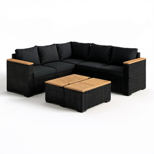 4-osobowy narożny zestaw mebli ogrodowych z technorattanu, czarny/naturalny, sofa 210 x 210 cm ze stolikiem drewnianym 100 x 60 cm