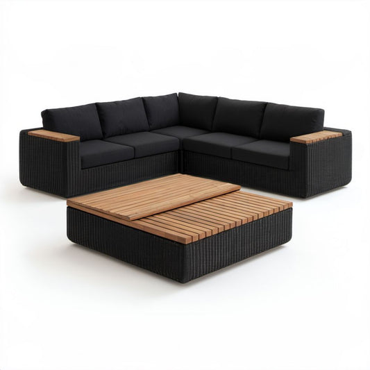 Ogrodowy zestaw narożny z technorattanu czarno-brązowy – sofa 250 × 250 × 70 cm i stolik 120 × 70 × 35 cm