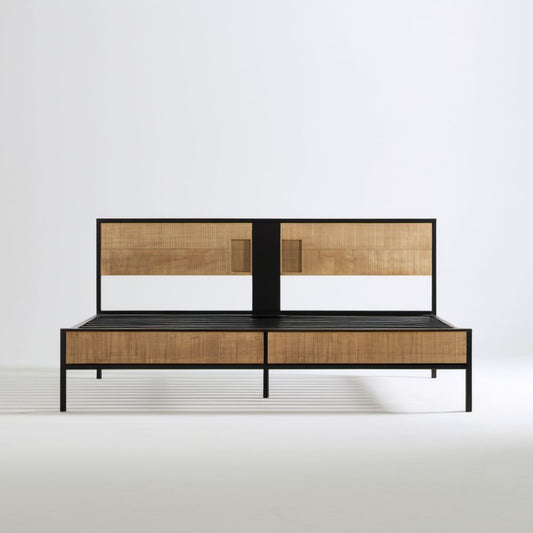 Łóżko dwuosobowe z ramą stalową i wstawkami z płyty MDF, czarne/dąb naturalny, 160 × 200 cm
