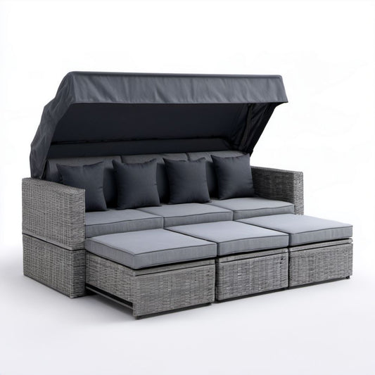 Modułowa leżanka ogrodowa z daszkiem z szarego technorattanu PE 220 x 160 x 170 cm