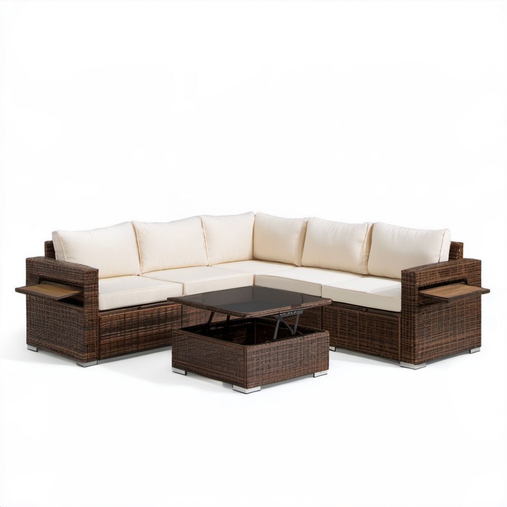Ogrodowy zestaw mebli z technorattanu – sofa narożna 250 x 250 cm ze stolikiem 110 x 60 cm, brązowy/kremowy