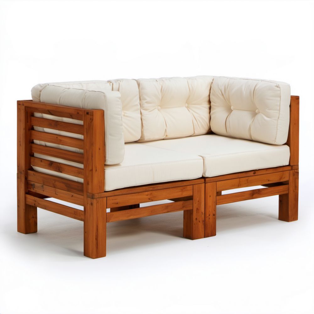 Dwuosobowa sofa ogrodowa drewniana z kremowymi poduszkami, 140 x 75 x 80 cm