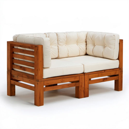 Dwuosobowa sofa ogrodowa drewniana z kremowymi poduszkami, 140 x 75 x 80 cm