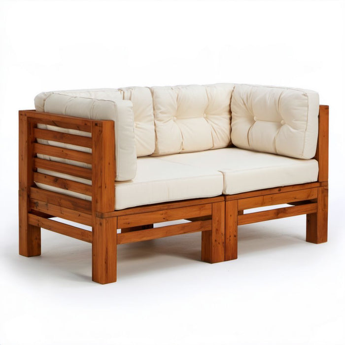 Dwuosobowa sofa ogrodowa drewniana z kremowymi poduszkami, 140 x 75 x 80 cm
