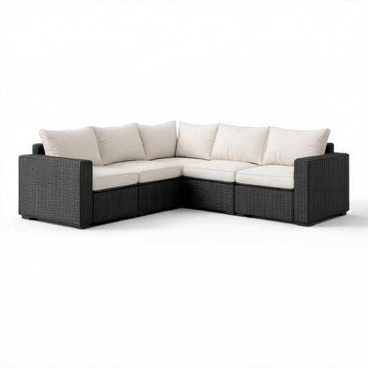 5-osobowa narożna sofa ogrodowa z technorattanu, czarna z kremowymi poduszkami, 280 × 210 × 65 cm