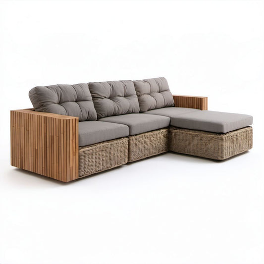 Narożna sofa ogrodowa z technorattanu i bambusa, szara, 240 x 160 x 78 cm