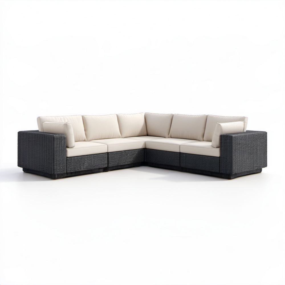 5-osobowa narożna sofa ogrodowa z technorattanu, czarna z kremowymi poduszkami, 260 x 200 x 70 cm